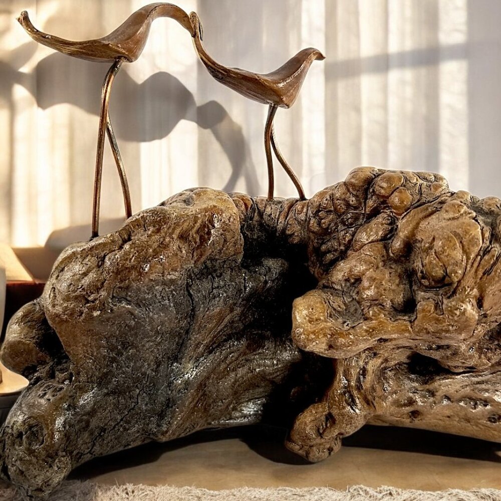 Burled Knob Driftwood Sculpture  3-Cranes Birds on Copper Legs 1950 MCM Folk Art - Picture 2 of 16